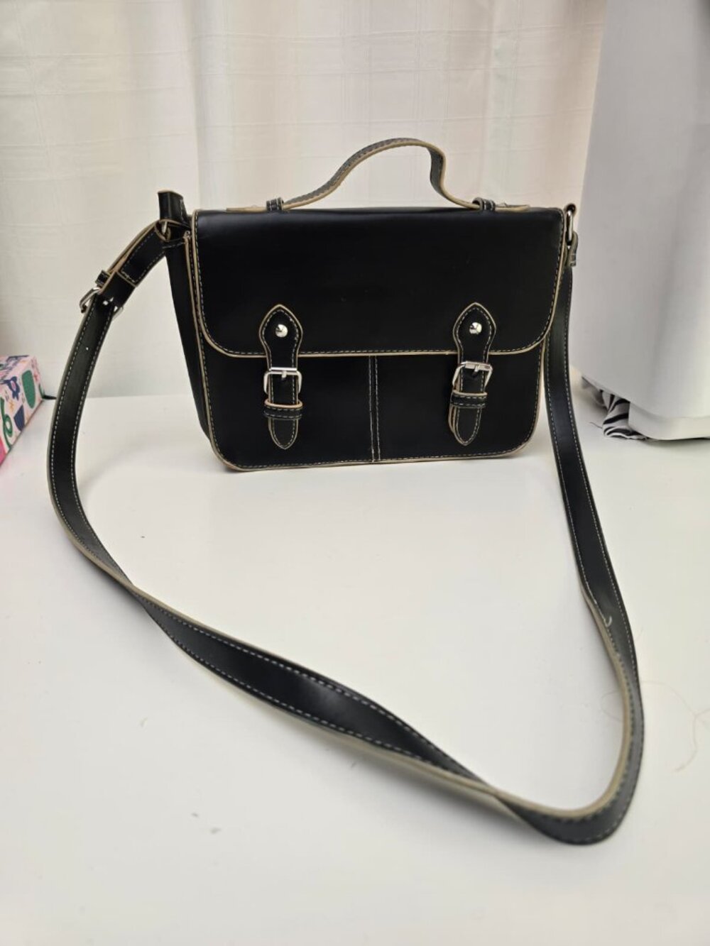 TOPSHOP Black Leather Satchel Bag – Adjustable Strap & Buckle Detail - Picture 5 of 17